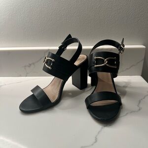 Aldo Black 3.5” heel sandal with gold details
